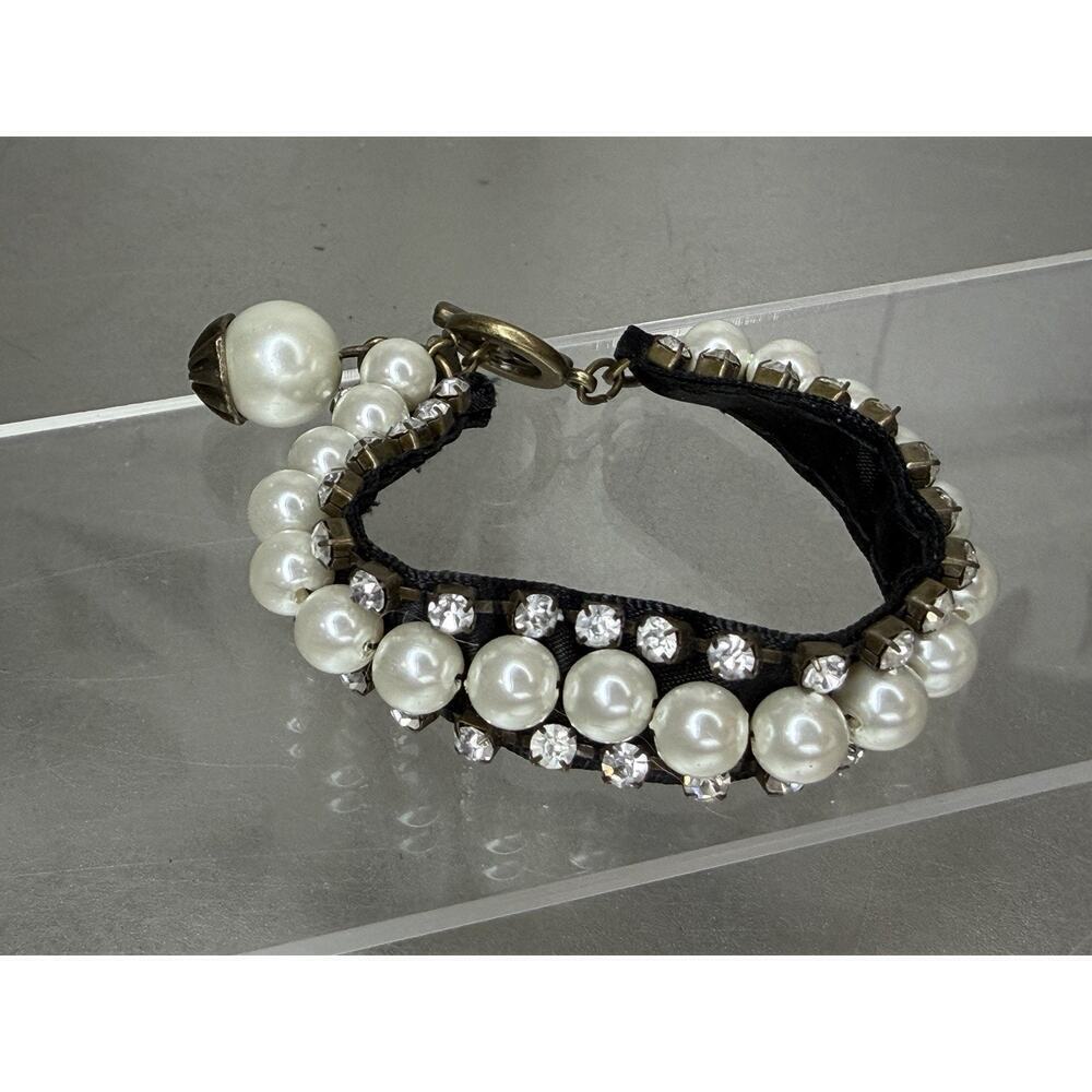 Chicos Large Pearl Silver Tone Bracelet Rhinestones Black Toggle